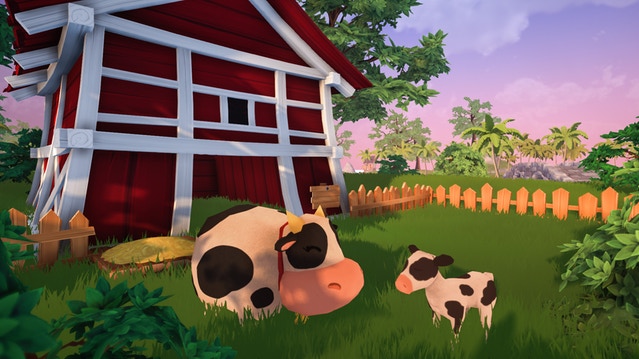 Garden Paws barn on farm with two cows